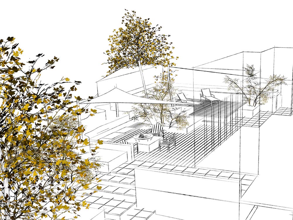 3d renderings for a complex garden on may levels. This garden is all about making the kitchen and rooms that adjoin it into larger more sociable spaces.